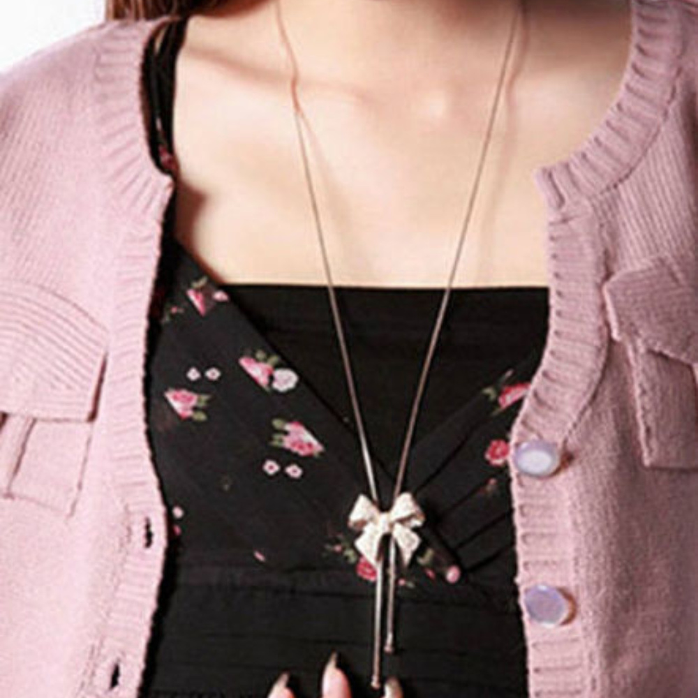 New Crystal Bow Necklace Silver Adjustable Lariat - Picture 2 of 5